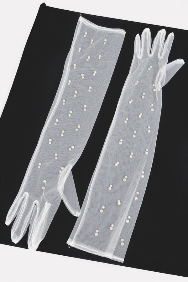 Pearl-Embellished Mesh Long Gloves – Black, White