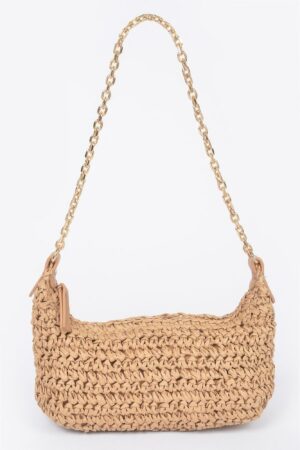 Faux Straw Zip Chain Shoulder Clutch – Mixed Metal Accents