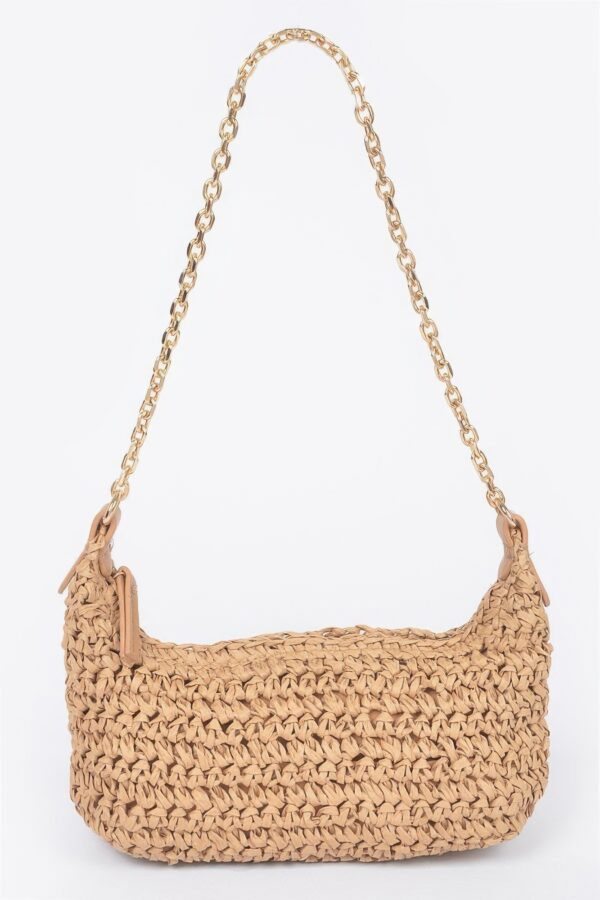 Faux Straw Zip Chain Shoulder Clutch – Mixed Metal Accents