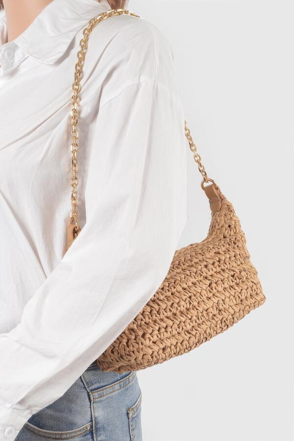Faux Straw Zip Chain Shoulder Clutch – Mixed Metal Accents