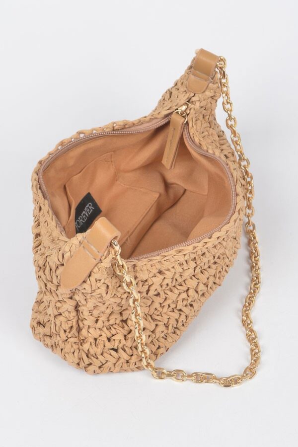Faux Straw Zip Chain Shoulder Clutch – Mixed Metal Accents