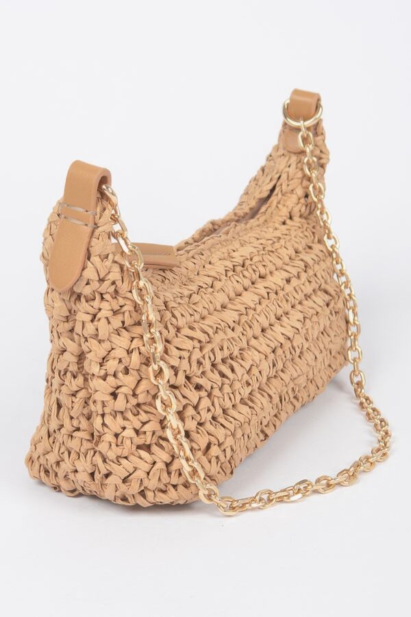 Faux Straw Zip Chain Shoulder Clutch – Mixed Metal Accents