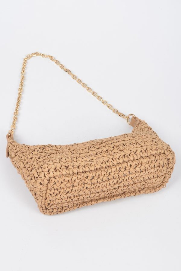 Faux Straw Zip Chain Shoulder Clutch – Mixed Metal Accents