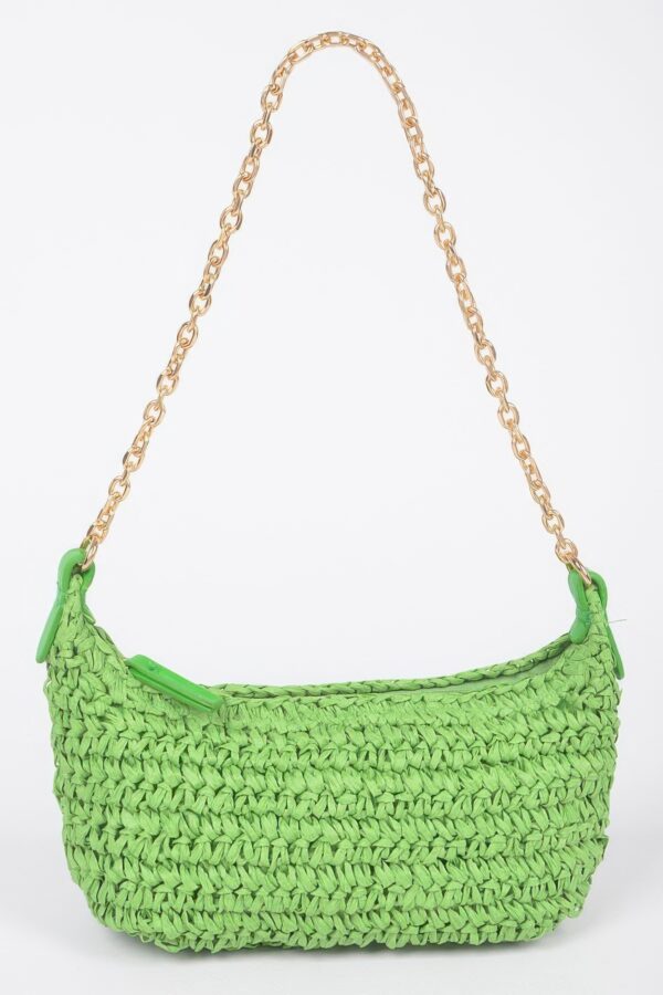 Faux Straw Zip Chain Shoulder Clutch – Mixed Metal Accents