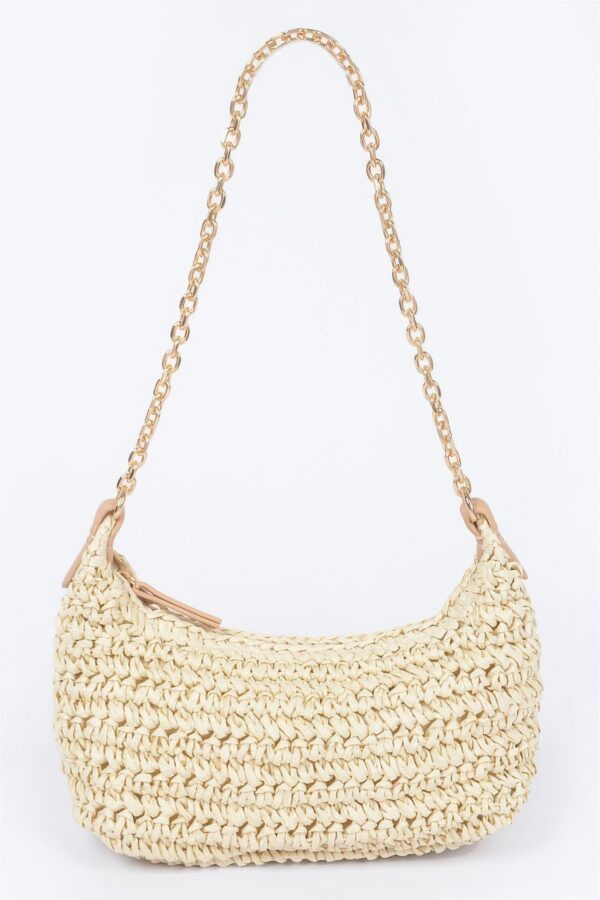 Faux Straw Zip Chain Shoulder Clutch – Mixed Metal Accents