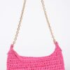 Faux Straw Zip Chain Shoulder Clutch – Mixed Metal Accents