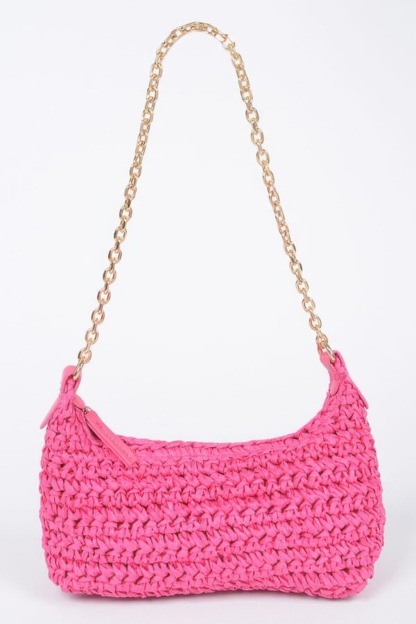 Faux Straw Zip Chain Shoulder Clutch – Mixed Metal Accents