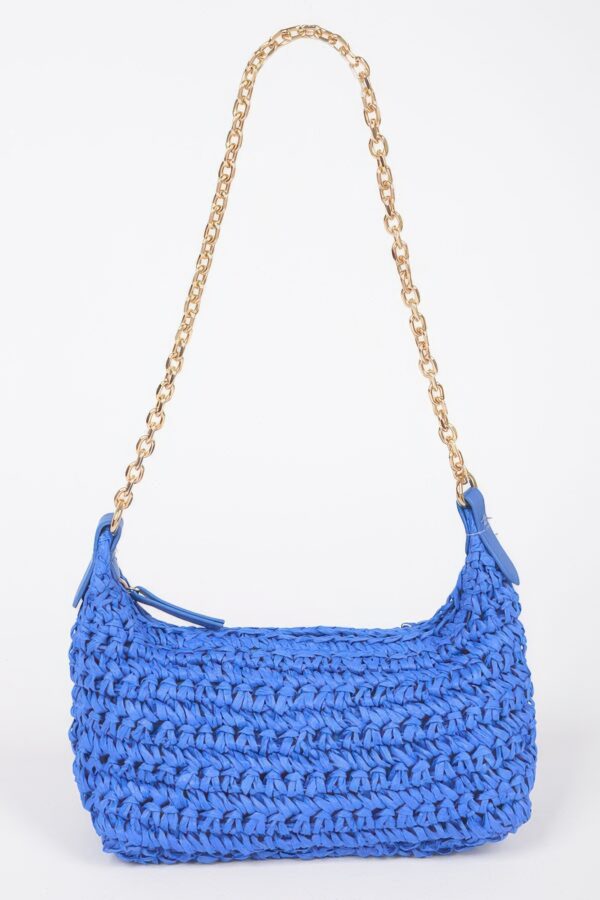 Faux Straw Zip Chain Shoulder Clutch – Mixed Metal Accents