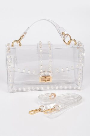 Transparent Clutch with Faux Pearl Handle – Clear Gold/Silver
