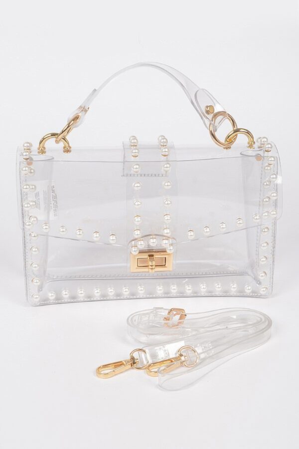 Transparent Clutch with Faux Pearl Handle – Clear Gold/Silver