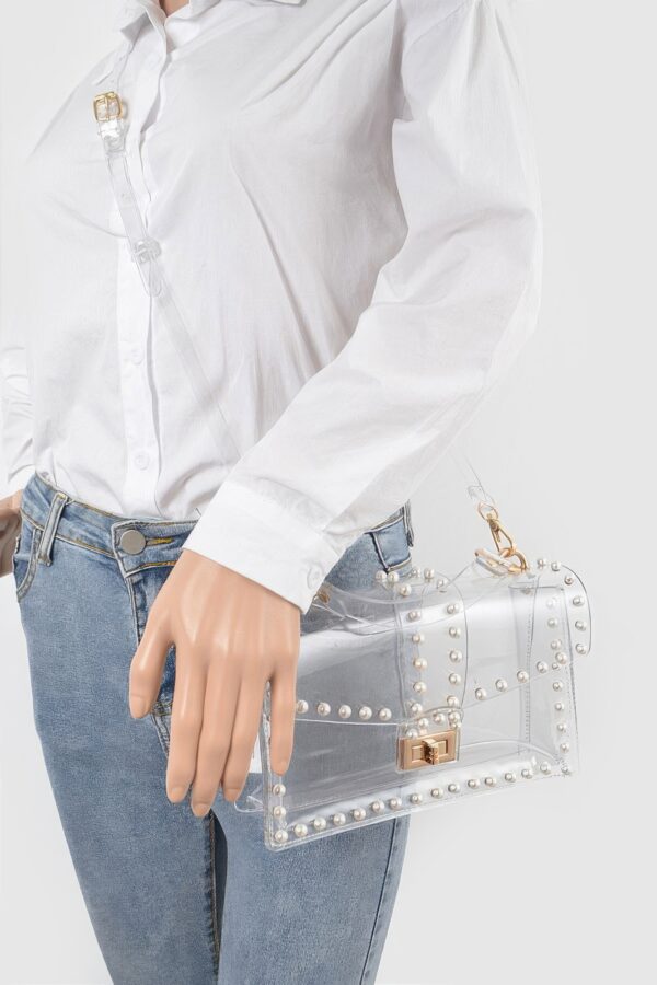 Transparent Clutch with Faux Pearl Handle – Clear Gold/Silver