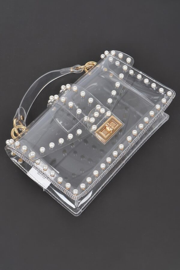 Transparent Clutch with Faux Pearl Handle – Clear Gold/Silver