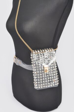 Clear Rhinestone PVC Belt Bag with Chain Accent
