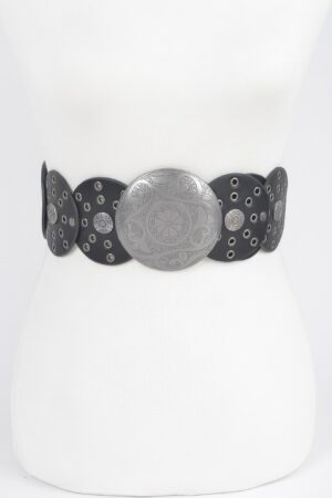 Round Buckle Faux Leather Western Belt with Multi Eyelets