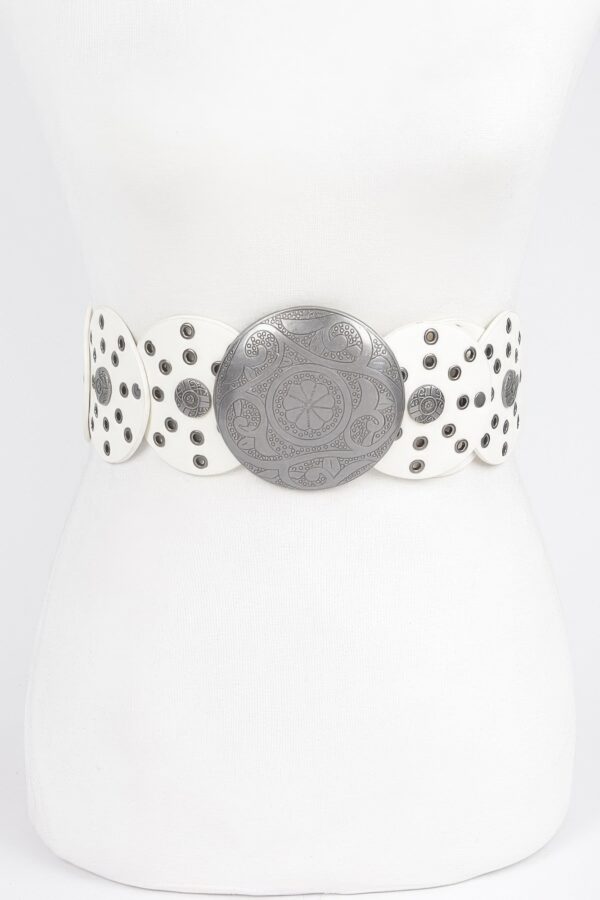 Round Buckle Faux Leather Western Belt with Multi Eyelets