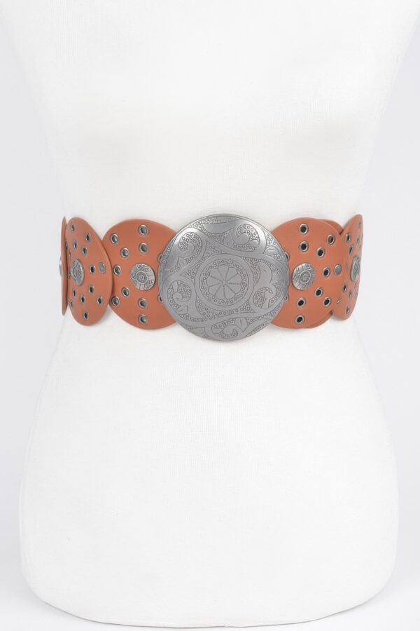 Round Buckle Faux Leather Western Belt with Multi Eyelets