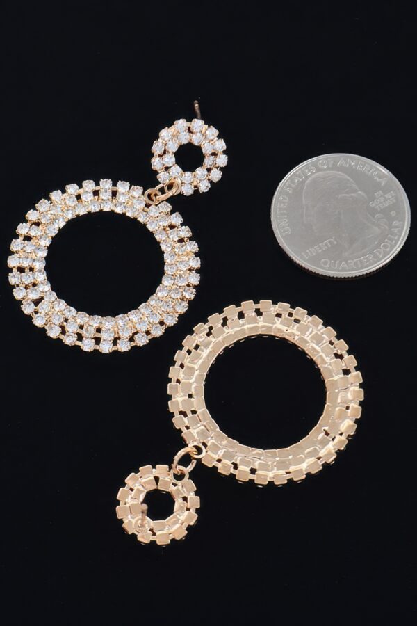 Rhinestone Round Dangle Earrings – Gold or Silver