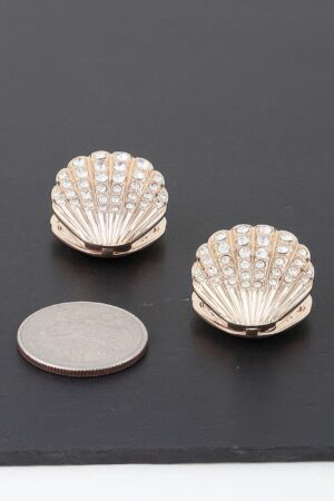 Jeweled Clam Shell Stud Earrings – Gold with Clear Jewels