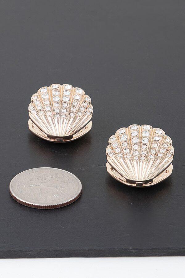 Jeweled Clam Shell Stud Earrings – Gold with Clear Jewels