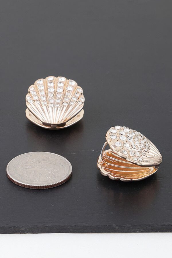 Jeweled Clam Shell Stud Earrings – Gold with Clear Jewels