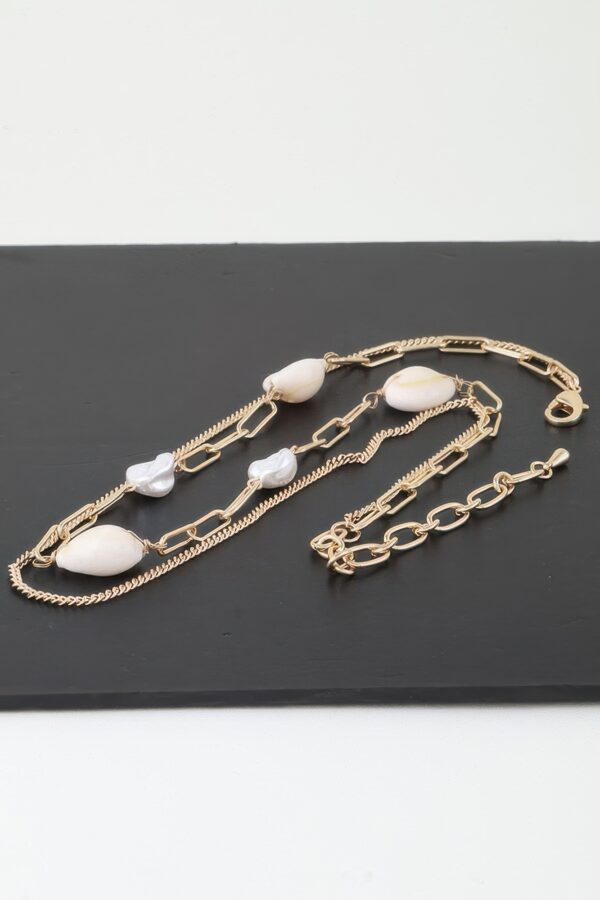 Double Pearl Chain Necklace – Two-Pearl Minimalist, Gold Cream