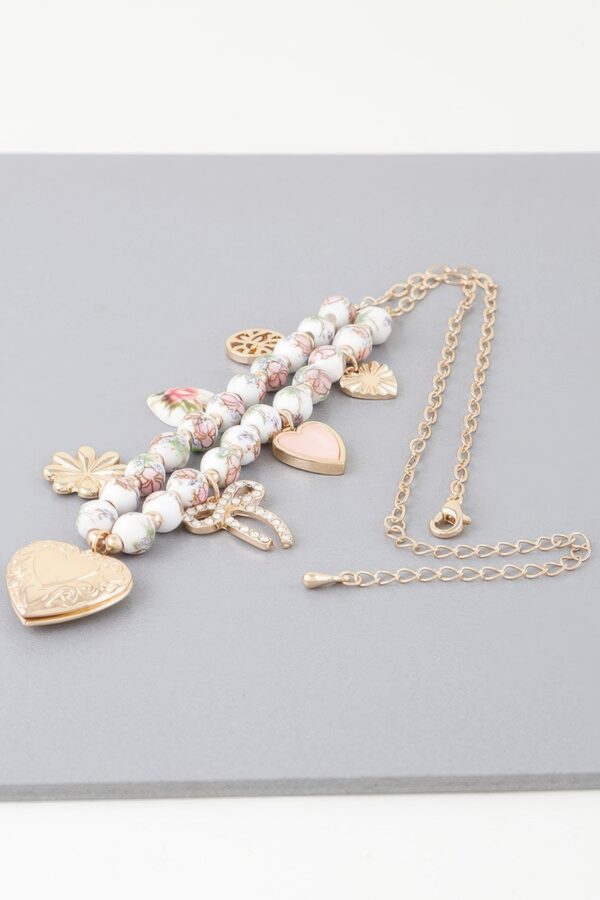 Vintage-Inspired Heart Charm Necklace – Pink & Gold