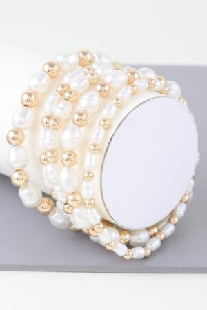 Ribbed Pearl Beaded Bracelet – Gold Cream