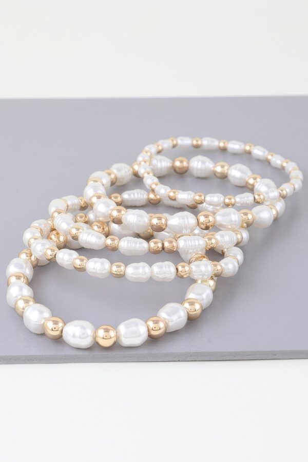 Ribbed Pearl Beaded Bracelet – Gold Cream