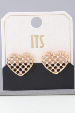 Quilted Heart Pearl Stud Earrings – 0.8″