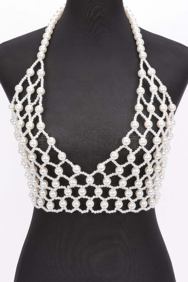 Faux Pearl Halter Neck Top – Pearl-Trimmed Cream