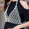 Faux Pearl Halter Neck Top – Pearl-Trimmed Cream