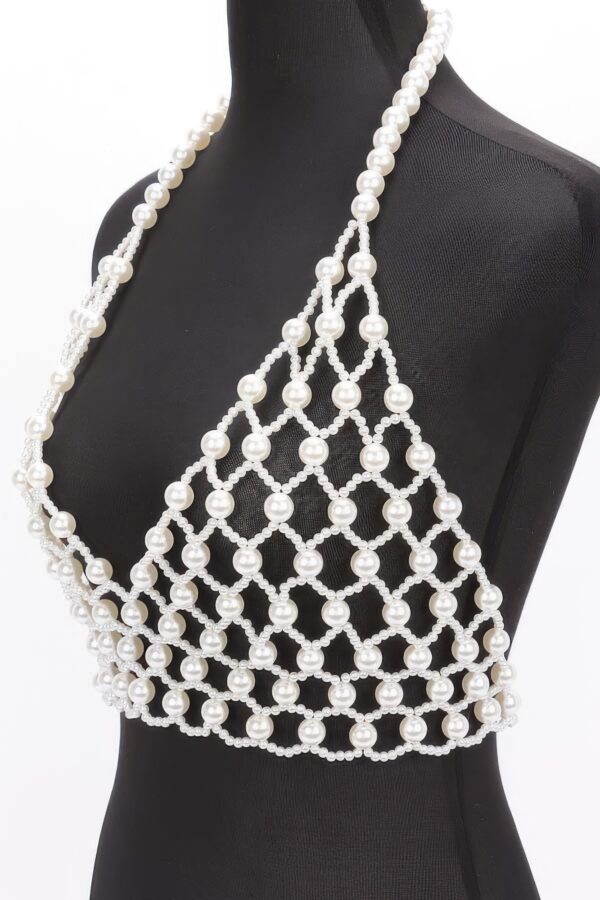 Faux Pearl Halter Neck Top – Pearl-Trimmed Cream
