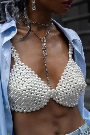 Faux Pearl Bra Top – PVC Pearl-Embellished Crop (Cream)