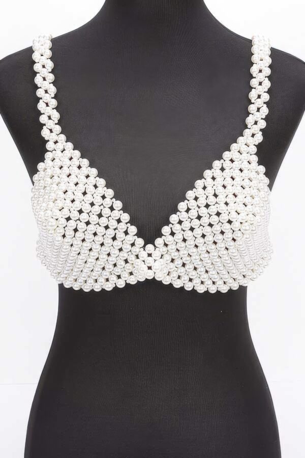 Faux Pearl Bra Top – PVC Pearl-Embellished Crop (Cream)