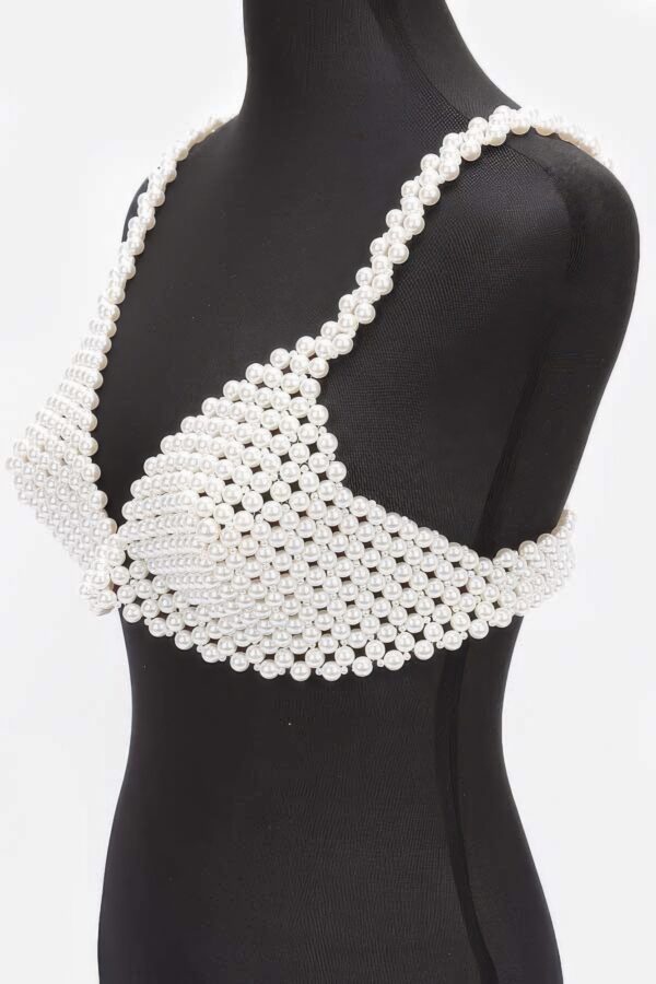 Faux Pearl Bra Top – PVC Pearl-Embellished Crop (Cream)