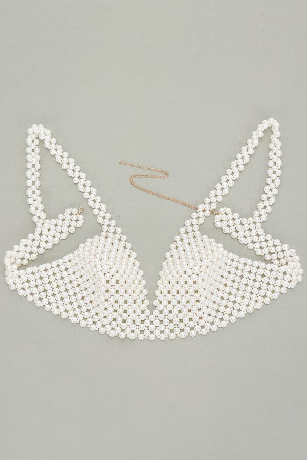Faux Pearl Bra Top – PVC Pearl-Embellished Crop (Cream)
