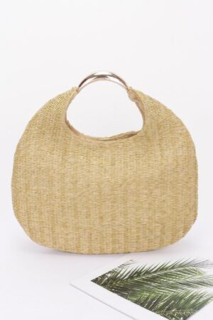 Faux Straw Hobo Bag with Metal Handle – Khaki