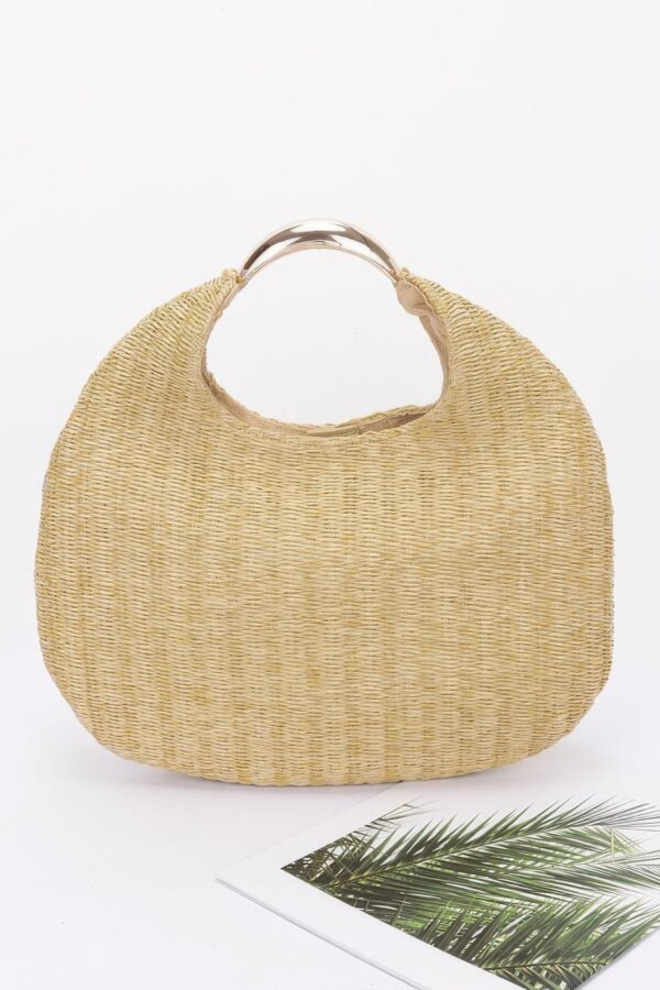 Faux Straw Hobo Bag with Metal Handle – Khaki