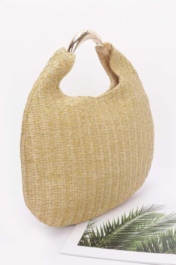 Faux Straw Hobo Bag with Metal Handle – Khaki