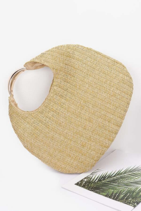 Faux Straw Hobo Bag with Metal Handle – Khaki