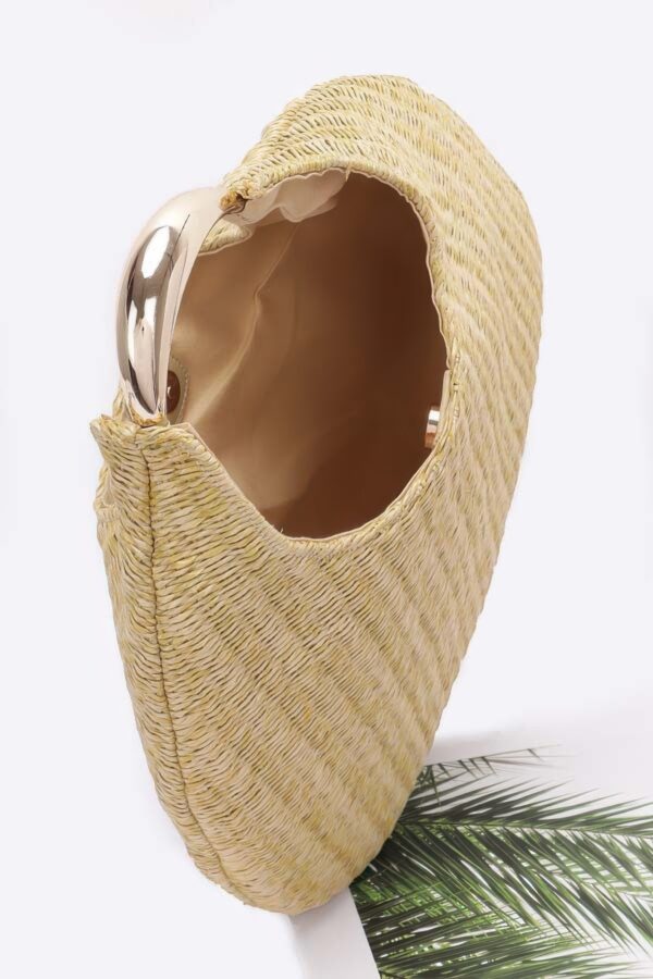 Faux Straw Hobo Bag with Metal Handle – Khaki