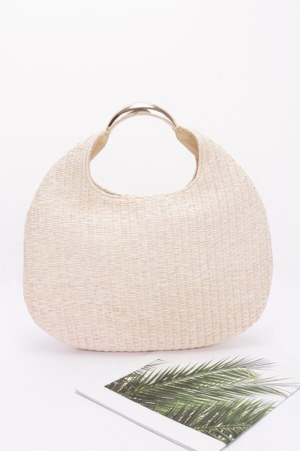 Faux Straw Hobo Bag with Metal Handle – Khaki