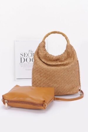 Structured Faux Straw Handbag with Bamboo Handle