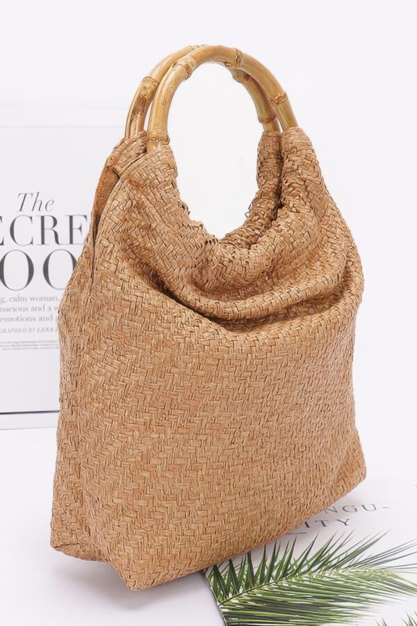 Structured Faux Straw Handbag with Bamboo Handle