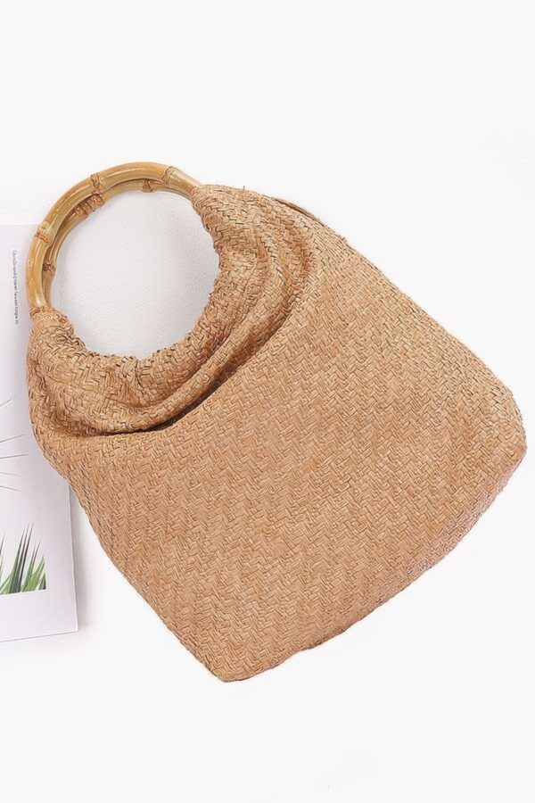 Structured Faux Straw Handbag with Bamboo Handle