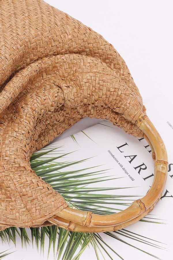 Structured Faux Straw Handbag with Bamboo Handle
