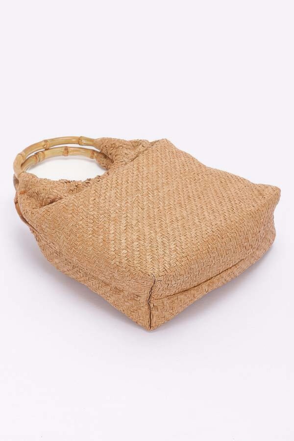 Structured Faux Straw Handbag with Bamboo Handle