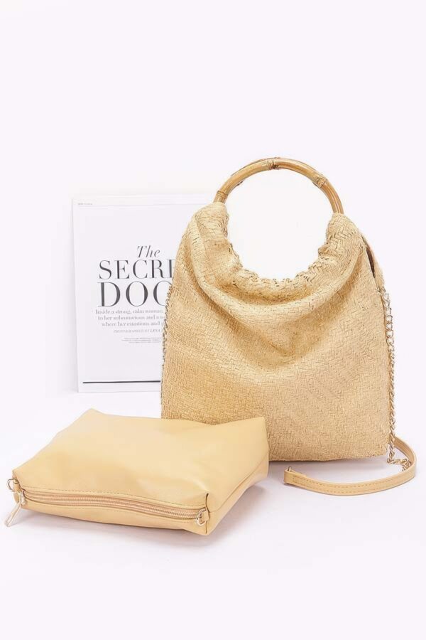Structured Faux Straw Handbag with Bamboo Handle