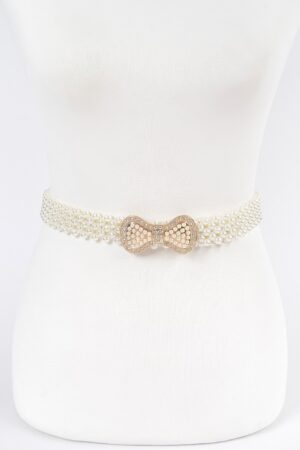 Elastic Pearl Waist Belt with Ribbon Buckle – Ivory