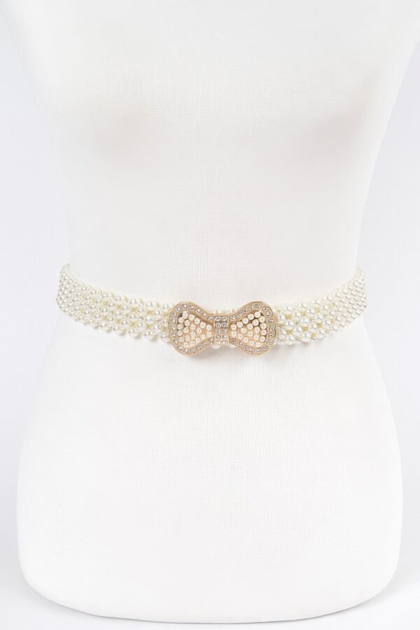 Elastic Pearl Waist Belt with Ribbon Buckle – Ivory